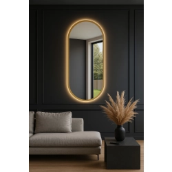 Lustro VELVET OVAL Glamour Premium – Owalne Lustro w Złotej  Ramie  podświetleniem LED do Sypialni, Przedpokoju i Salonu Biura